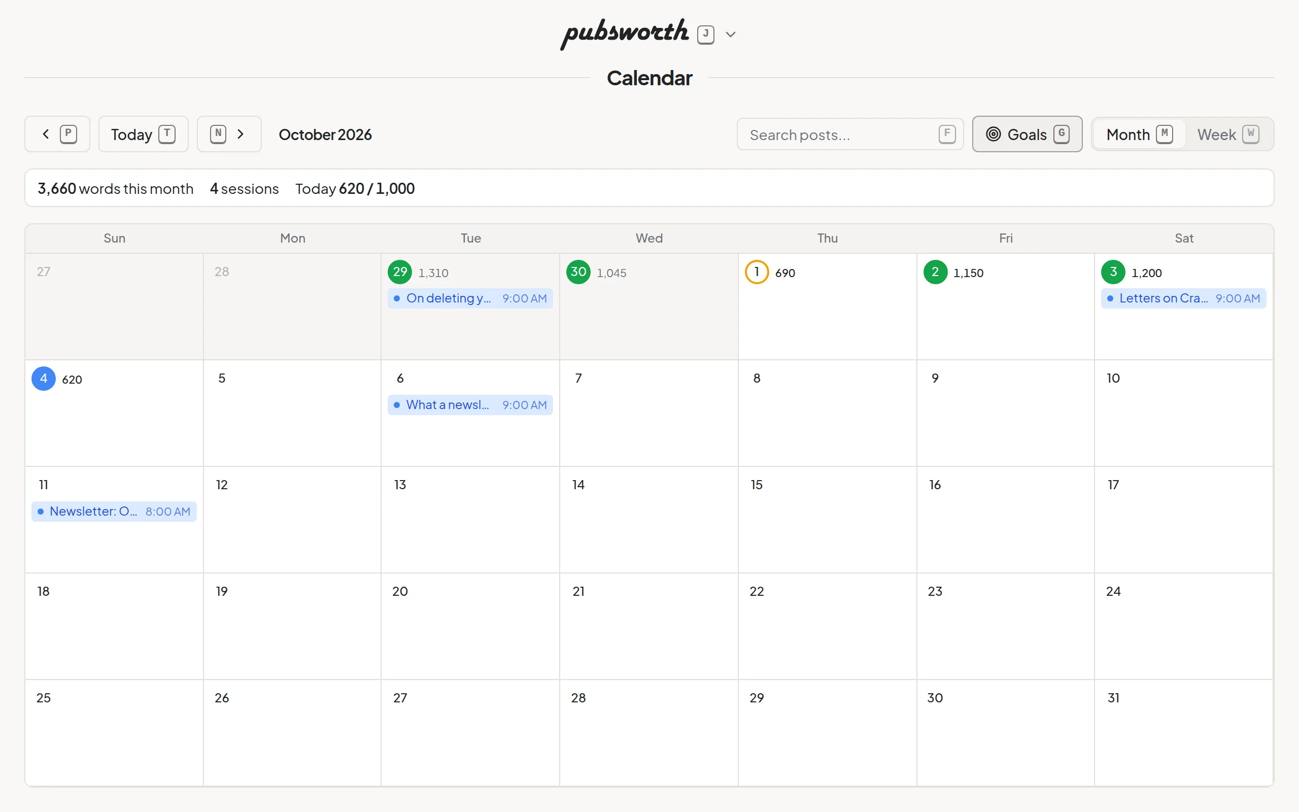 The calendar with scheduled pieces