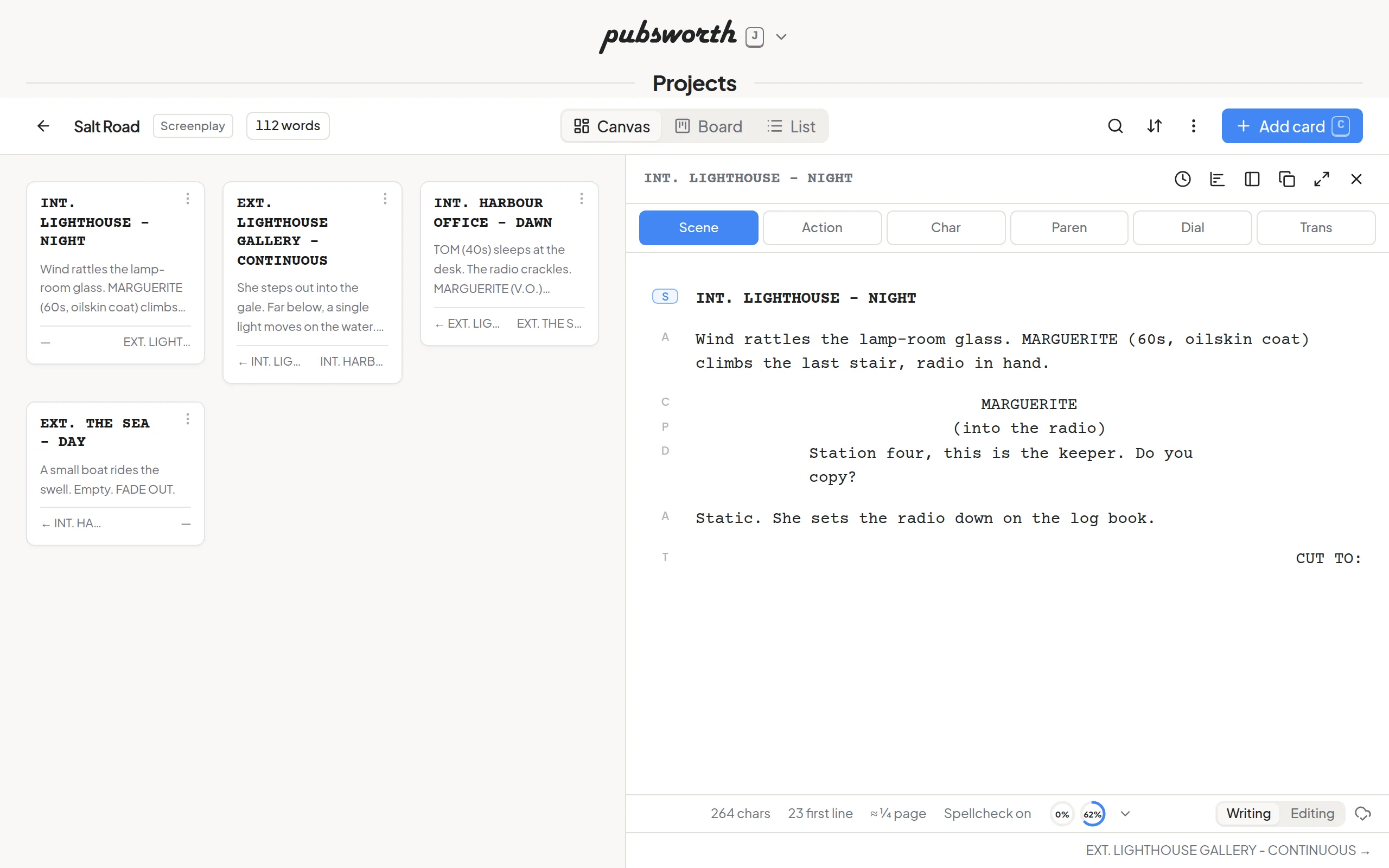 A screenplay scene in the card editor