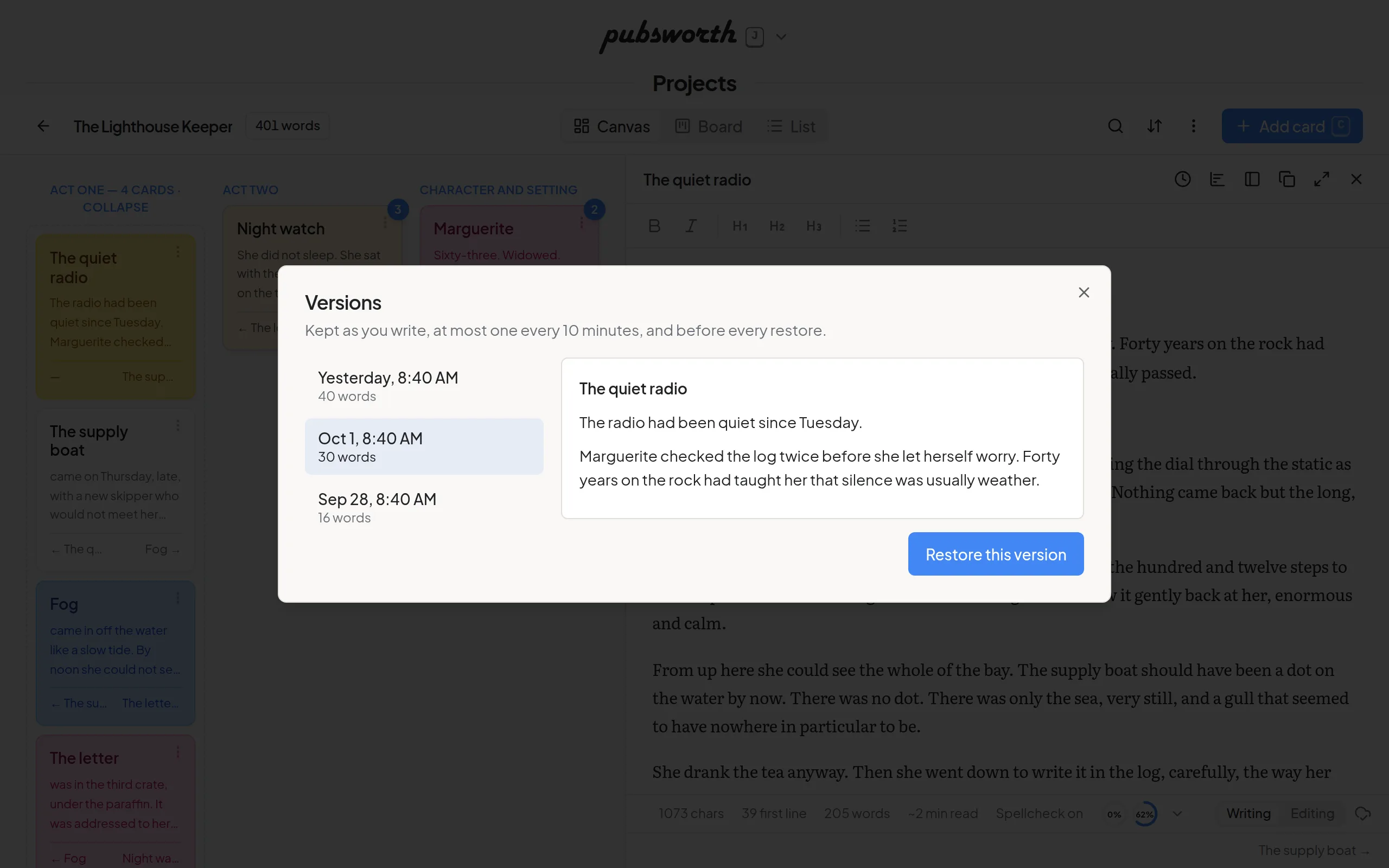 The Versions dialog